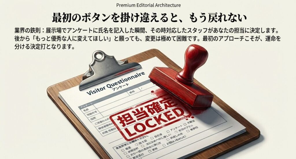 画像タイトル: 展示場アンケート記入による担当者固定のリスク
代替テキスト(Alt): 住宅展示場のアンケート用紙と「担当確定(LOCKED)」のスタンプ。一度氏名を記入すると担当者が固定され、後から変更できない業界のルールを警告する図。