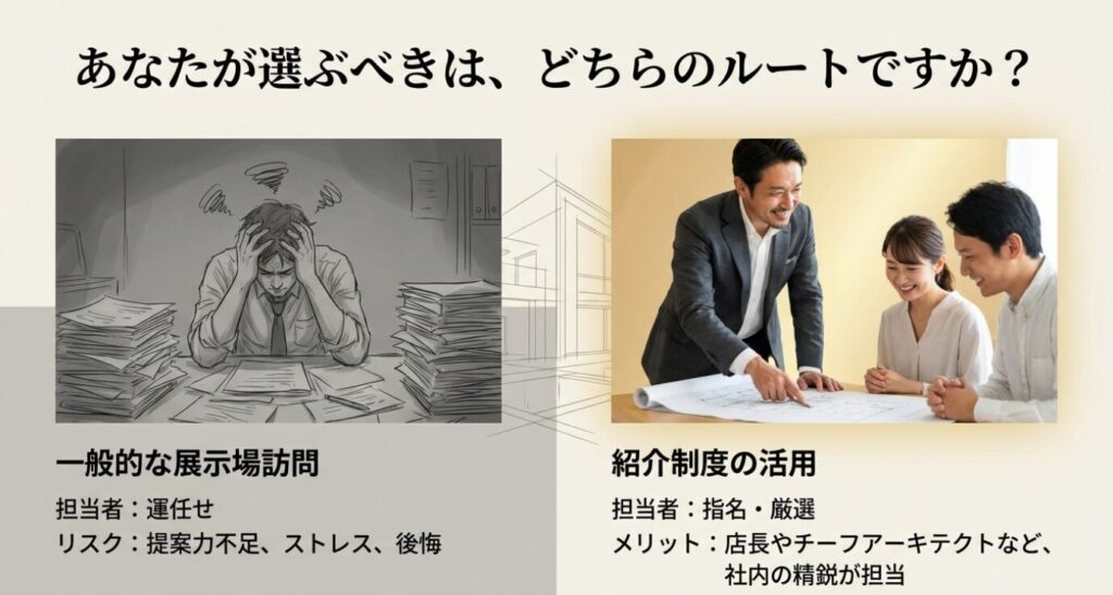 画像タイトル: 一般的な展示場訪問と紹介制度利用の比較
代替テキスト(Alt): 担当者選びに失敗し頭を抱える男性(一般的な展示場訪問)と、優秀な担当者と笑顔で打ち合わせするカップル(紹介制度の活用)のイラスト対比。