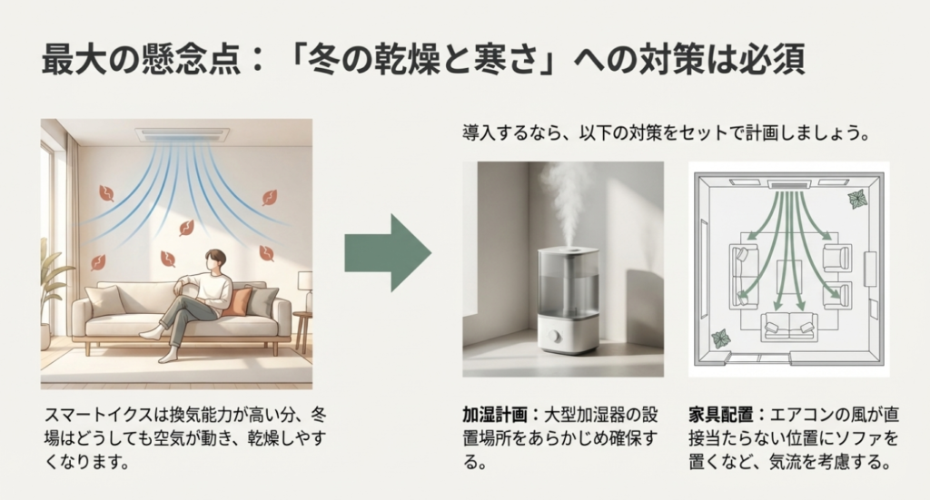 画像タイトル: スマートイクスの乾燥・寒さ対策_加湿と家具配置

代替テキスト: スマートイクス導入時の冬対策図解。大型加湿器の設置や、エアコンの風が直接当たらない家具配置の重要性を示すイラスト。