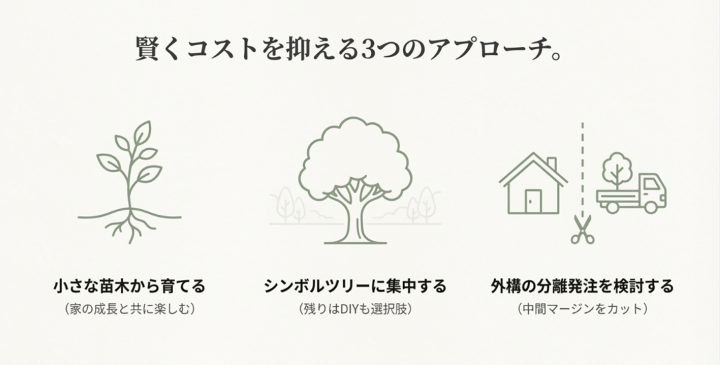 画像タイトル: 植栽コストを抑える3つの方法

代替テキスト: 賢く植栽コストを抑える3つのアプローチ。小さな苗木から育てる、シンボルツリーに集中する、分離発注を検討するなどの節約術。