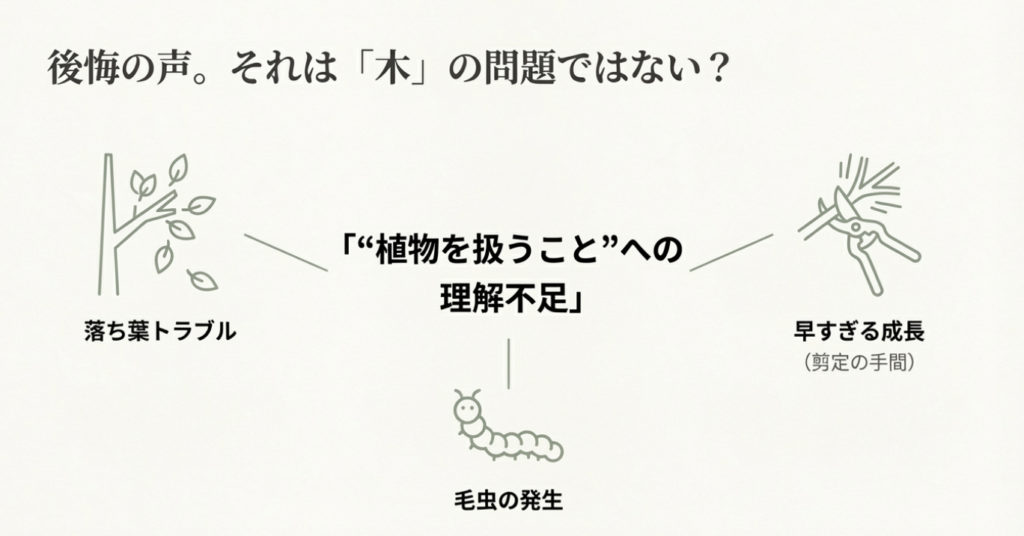画像タイトル: 5本の樹_後悔や失敗の口コミ原因

代替テキスト: 積水ハウスの植栽でよくある後悔の声。落ち葉トラブルや早すぎる成長、毛虫の発生など、実は植物への理解不足が原因であるケースの解説。