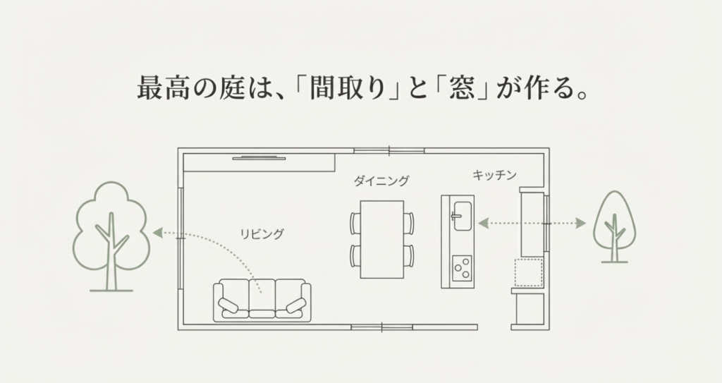 画像タイトル: 間取りと窓から考える庭づくり

代替テキスト: 最高の庭は間取りと窓が作る。リビング、ダイニング、キッチンからの視線を意識した植栽配置と、ウチとソトのつながりを示す図解。