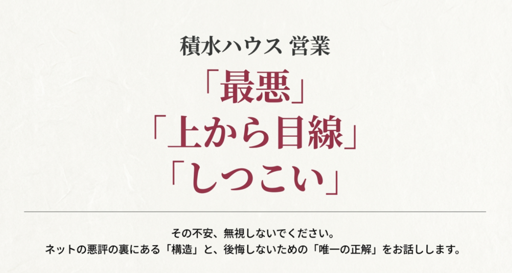 画像タイトル： 積水ハウスの営業に対するネット上の評判と不安

代替テキスト（alt）： 積水ハウスの営業マンに対して「最悪」「上から目線」「しつこい」といったネガティブな口コミがあり、不安を感じているイメージ