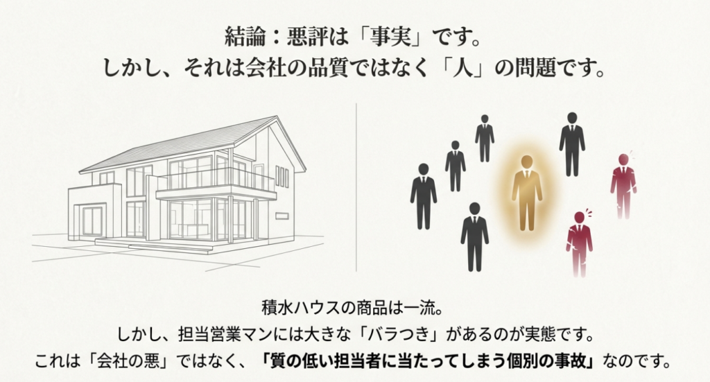画像タイトル： 積水ハウスの悪評の正体は「会社」ではなく「人」の問題

代替テキスト（alt）： 積水ハウスの商品は一流だが、担当営業マンの質にバラつきがあるため、質の低い担当者に当たってしまう事故が起きているという図解
