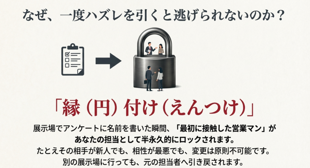 画像タイトル： 積水ハウスの担当者固定ルール「縁付け（えんつけ）」

代替テキスト（alt）： 展示場で最初に接触した営業マンが担当としてロックされ、その後は原則変更不可能になる業界の仕組みを表した鍵のイラスト