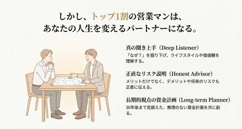 画像タイトル： 人生を変えるトップ1割の優秀な営業マンの特徴

代替テキスト（alt）： 真の聞き上手であり、リスクも正直に説明し、長期的な資金計画を提案してくれるトップ営業マンの3つの特徴