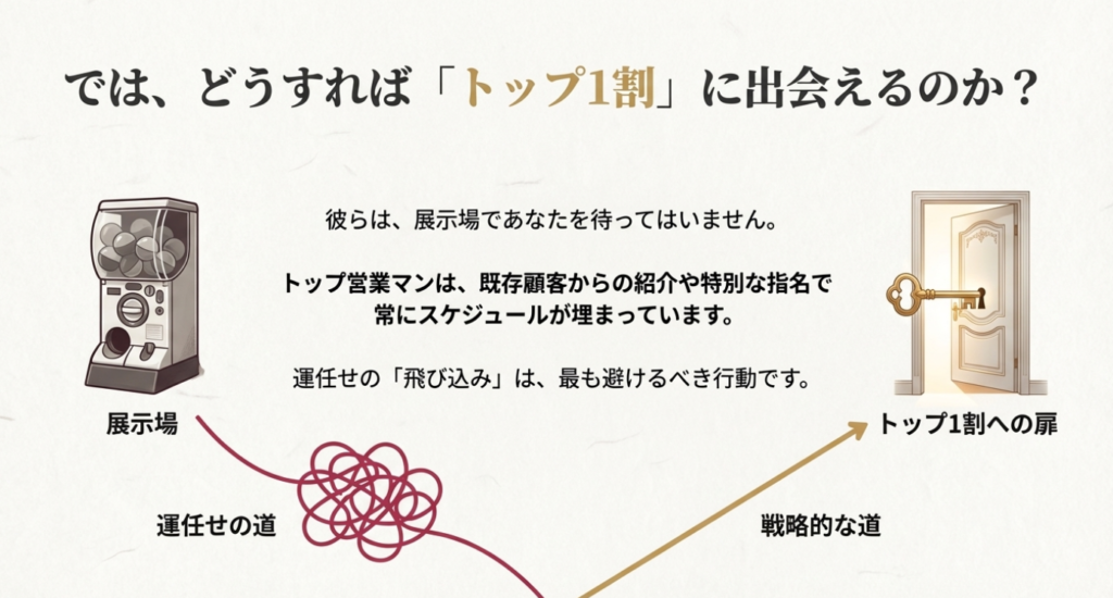 画像タイトル： 運任せの「展示場訪問」と戦略的な「紹介ルート」の違い

代替テキスト（alt）： 展示場への飛び込みは運任せのガチャであるのに対し、トップ営業マンに出会うには紹介などの戦略的な入り口が必要であることを示した図