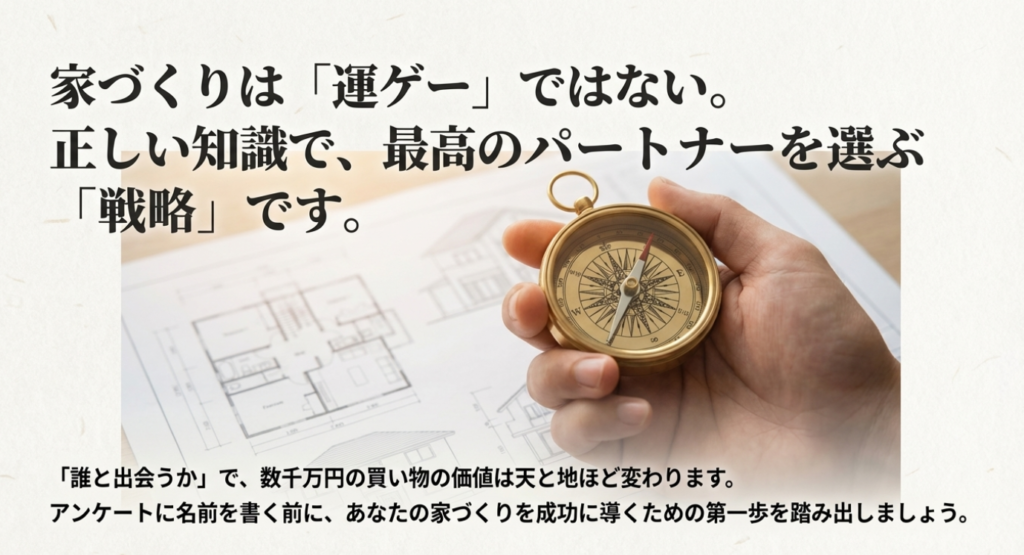 画像タイトル： 家づくりを成功させるためのパートナー選びの戦略

代替テキスト（alt）： 家づくりは運ではなく、正しい知識で最高のパートナーを選ぶ戦略が重要であるというメッセージ