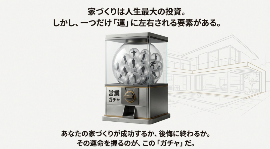 画像タイトル： 家づくりの最大のリスク要因「営業ガチャ」 

代替テキスト（alt）： 人生最大の投資である家づくりにおいて、担当者の当たり外れ（運）に左右されてしまう「営業ガチャ」の概念図
