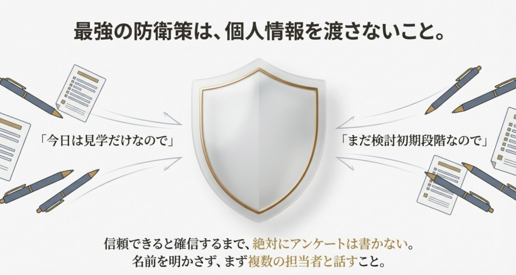 画像タイトル： 営業ガチャを回避する「アンケートお断り」の防衛策 

代替テキスト（alt）： 「今日は見学だけ」「まだ検討初期」といった言葉でアンケート記入（個人情報の提供）を回避する具体的な方法