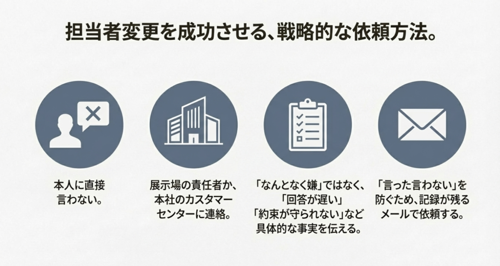 画像タイトル： トラブルを防ぐ「担当者変更」の戦略的な依頼手順 

代替テキスト（alt）： 本人に直接言わず、責任者や本社に具体的な事実をメールなどの記録に残る形で伝えるという、担当変更の成功メソッド