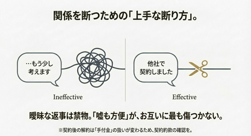 画像タイトル： 営業マンが諦める「効果的な断り方」 

代替テキスト（alt）： 「検討します」という曖昧な返事は逆効果であり、「他社で契約した」ときっぱり伝えることが関係を断つ最善の方法であることを示した図
