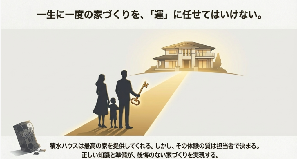 画像タイトル： 運任せの家づくりを卒業し、確実な成功を手に入れる 

代替テキスト（alt）： 運任せの「営業ガチャ」に頼るのをやめ、正しい知識と準備で理想の家づくり（輝く家と家族）を実現しようというメッセージ