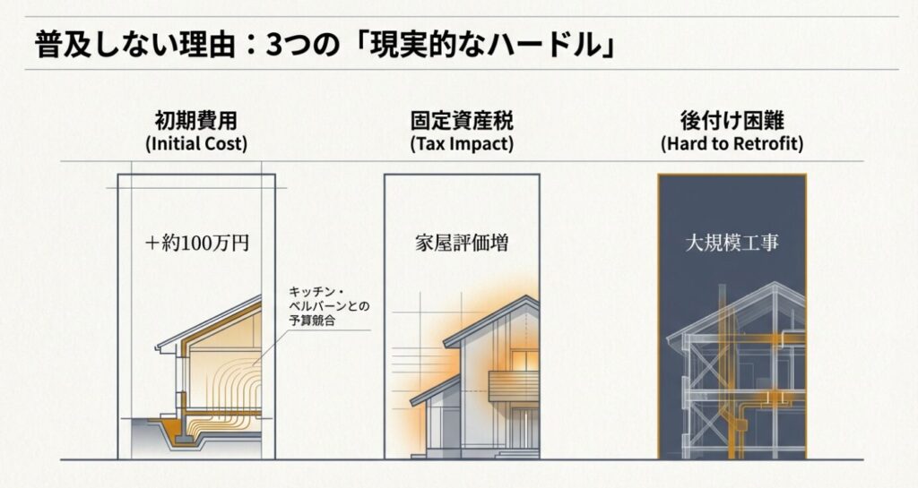 画像タイトル: 普及を阻む3つの現実的なハードル

代替テキスト: 床暖房導入の壁となる「初期費用（約100万円）」「固定資産税の増加」「後付け困難な大規模工事」の3点を図解したスライド。