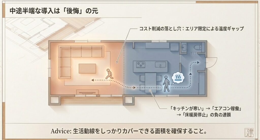 画像タイトル: エリア限定導入による温度ギャップの落とし穴

代替テキスト: LDKの一部にしか床暖房を入れなかった失敗例の図解。キッチンが寒いためにエアコンを稼働させ、結果的に床暖房を停止してしまう「負の連鎖」を示している。