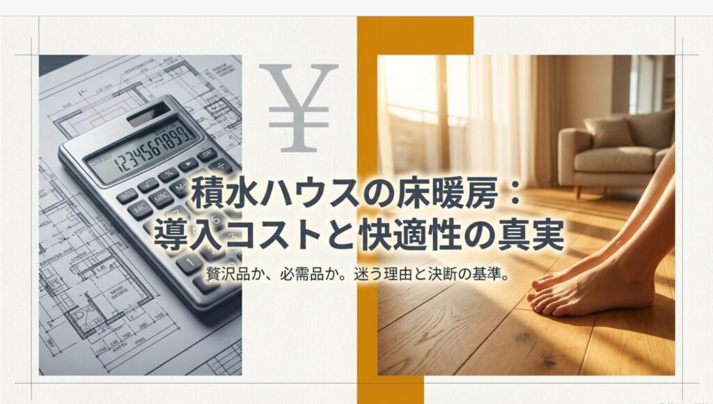 画像タイトル: 積水ハウスの床暖房：導入コストと快適性の真実

代替テキスト: 「積水ハウスの床暖房：導入コストと快適性の真実。贅沢品か、必需品か。迷う理由と決断の基準」というタイトルが書かれた表紙スライド。