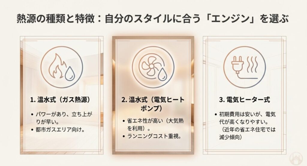 画像タイトル: 3つの熱源タイプと特徴比較

代替テキスト: 温水式（ガス熱源）、温水式（電気ヒートポンプ）、電気ヒーター式の3種類の特徴とメリット・デメリットを比較したリスト。