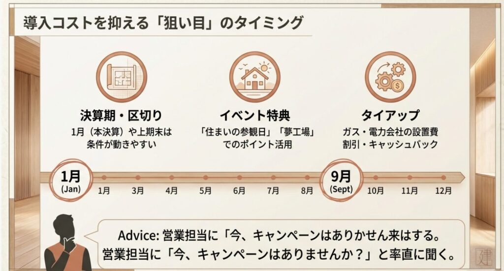 画像タイトル: 導入コストを抑える狙い目のタイミング

代替テキスト: 1月の決算期、イベント特典、9月のタイアップなど、床暖房をお得に導入できる年間のタイミングやキャンペーン情報をまとめたカレンダー図。