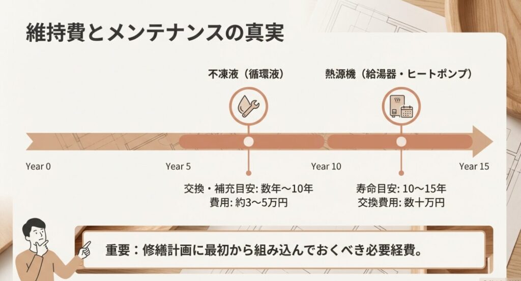 画像タイトル: 長期的な維持費とメンテナンス計画

代替テキスト: 導入から5年後、10年後、15年後に発生するメンテナンス費用のタイムライン。不凍液の補充（約3〜5万円）や熱源機の交換（数十万円）が必要であることを示している。