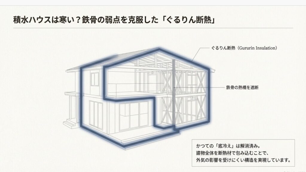 画像タイトル: 鉄骨の弱点を克服する「ぐるりん断熱」

代替テキスト: 積水ハウスの構造図。鉄骨の熱橋（ヒートブリッジ）を遮断し、断熱材で建物全体を包み込む「ぐるりん断熱」の仕組みを示したイラスト。
