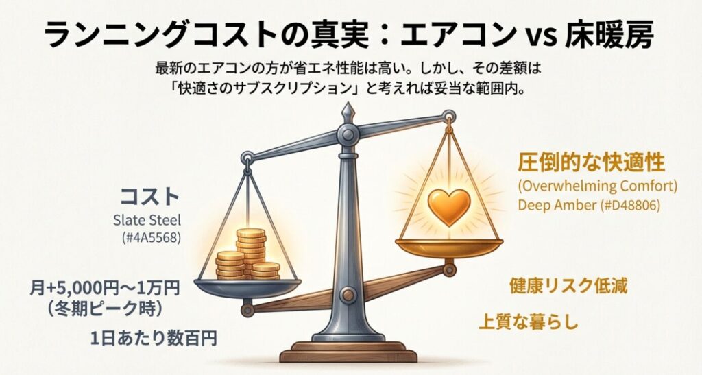 画像タイトル: ランニングコストと快適性のバランス

代替テキスト: エアコンと比較した床暖房のランニングコスト（月+5,000円〜1万円）と、それによって得られる健康リスク低減や上質な暮らしのメリットを示した図。