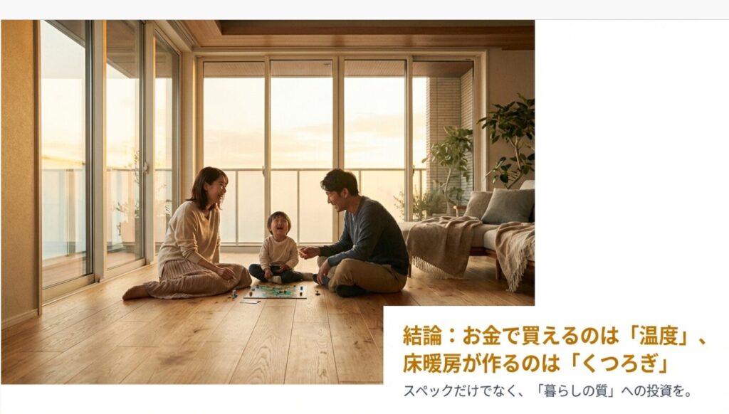 画像タイトル: 結論：お金で買えるのは「温度」、床暖房が作るのは「くつろぎ」

代替テキスト: リビングでくつろぐ家族の写真とともに、「スペックだけでなく暮らしの質への投資を」というメッセージが書かれたまとめのスライド。