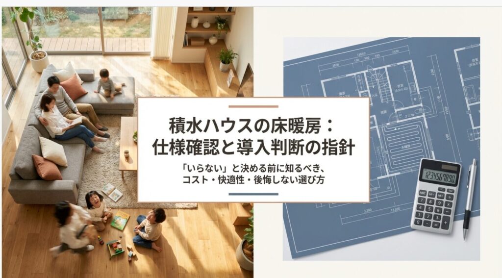 画像タイトル: 積水ハウスの床暖房：仕様確認と導入判断の指針

代替テキスト: 「積水ハウスの床暖房：仕様確認と導入判断の指針。『いらない』と決める前に知るべきコスト・快適性・後悔しない選び方」というタイトルが書かれた表紙スライド。