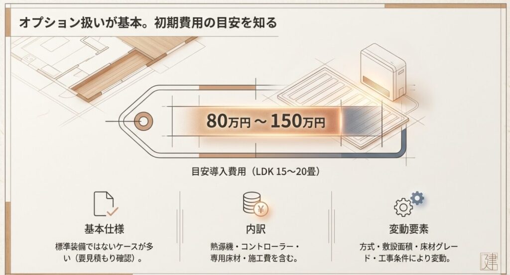 画像タイトル: 床暖房の初期費用目安とオプション仕様

代替テキスト: 床暖房の導入費用目安が80万円〜150万円であることを示す図。基本仕様ではなくオプション扱いであり、内訳に熱源機や専用床材が含まれることを解説している。