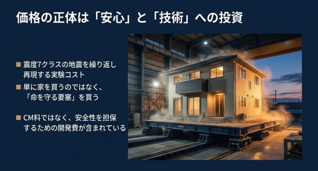 画像タイトル: 震度7クラスの地震実験と安全への投資
代替テキスト: 積水ハウスの実大振動実験の様子。家全体が試験装置の上に乗り、白い煙が上がっている。「価格の正体は安心と技術への投資」というキャプション付き。