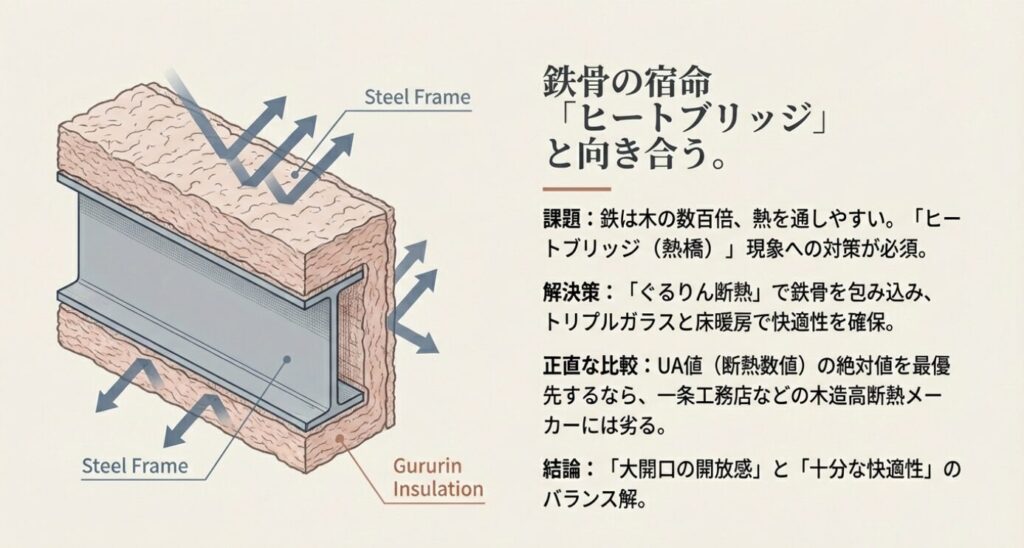 画像タイトル: 鉄骨の弱点を克服する「ぐるりん断熱」の構造
代替テキスト: 鉄骨の熱橋現象(ヒートブリッジ)を防ぐために、断熱材で鉄骨ごと包み込む「ぐるりん断熱」の構造を示した断面図。