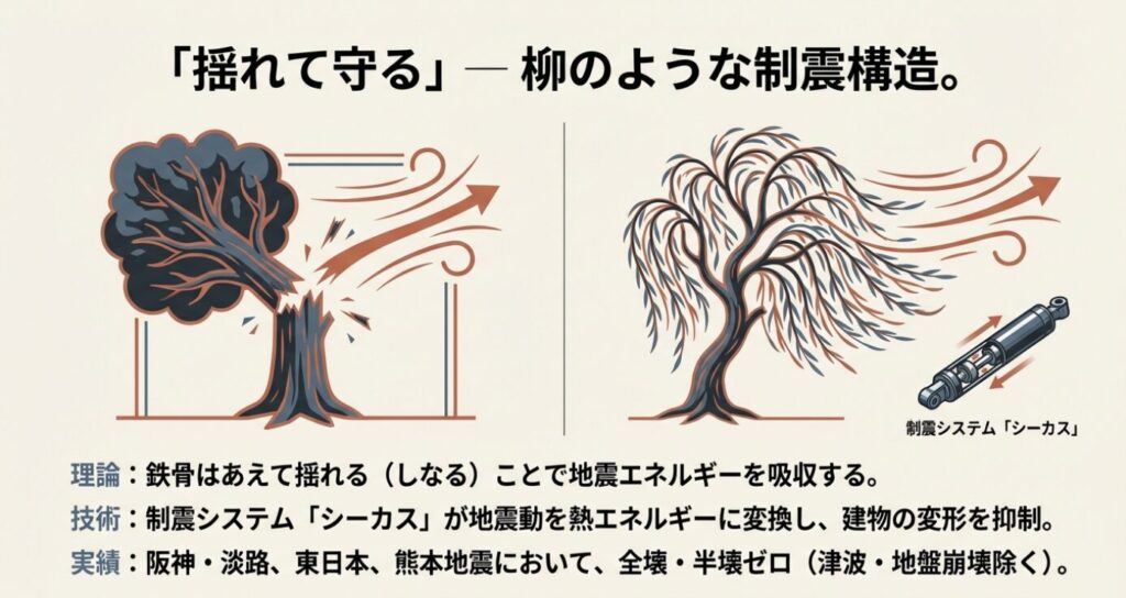 画像タイトル: 地震エネルギーを吸収する制震システム「シーカス」の仕組み
代替テキスト: 地震の揺れを柳のように受け流す制震システム「シーカス」のダンパー構造と、風にしなる木のイラスト。「揺れて守る」という構造理論を解説。