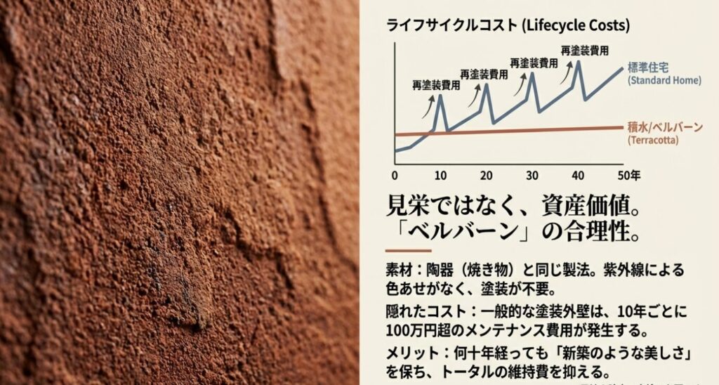 画像タイトル: 陶版外壁「ベルバーン」によるメンテナンスコスト削減効果
代替テキスト: 標準的な住宅の再塗装費用と、積水ハウス(ベルバーン採用時)のメンテナンス費用を比較した30年間のライフサイクルコストグラフ。塗装不要による経済合理性を説明している。