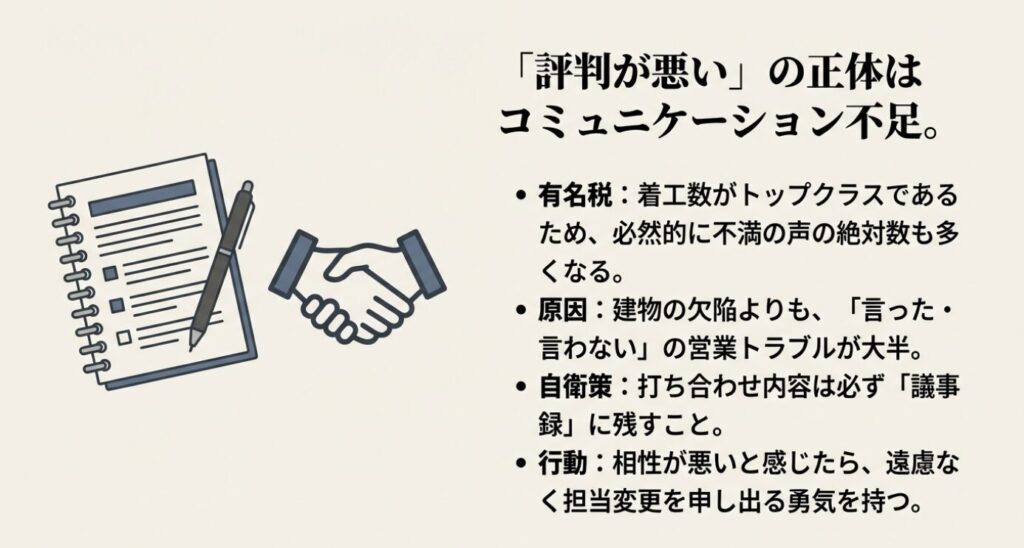 画像タイトル: 評判の悪さを防ぐコミュニケーションと議事録の重要性
代替テキスト: 営業トラブルの原因はコミュニケーション不足であるとし、自衛策として「議事録」を残すことを推奨するスライド資料。