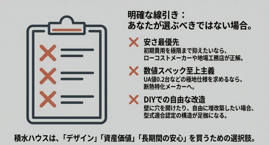 画像タイトル: 積水ハウスを選ばない方がいい人の特徴リスト
代替テキスト: 「安さ最優先」「数値スペック至上主義」「DIY重視」の人には向かないことを示す、バツ印のついたチェックリスト画像。