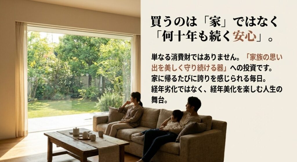 画像タイトル: 家づくりは「思い出を守る器」への投資
代替テキスト: 「買うのは家ではなく、何十年も続く安心」というメッセージスライド。家を単なる消費財ではなく、人生の舞台への投資と捉える考え方を提示している。