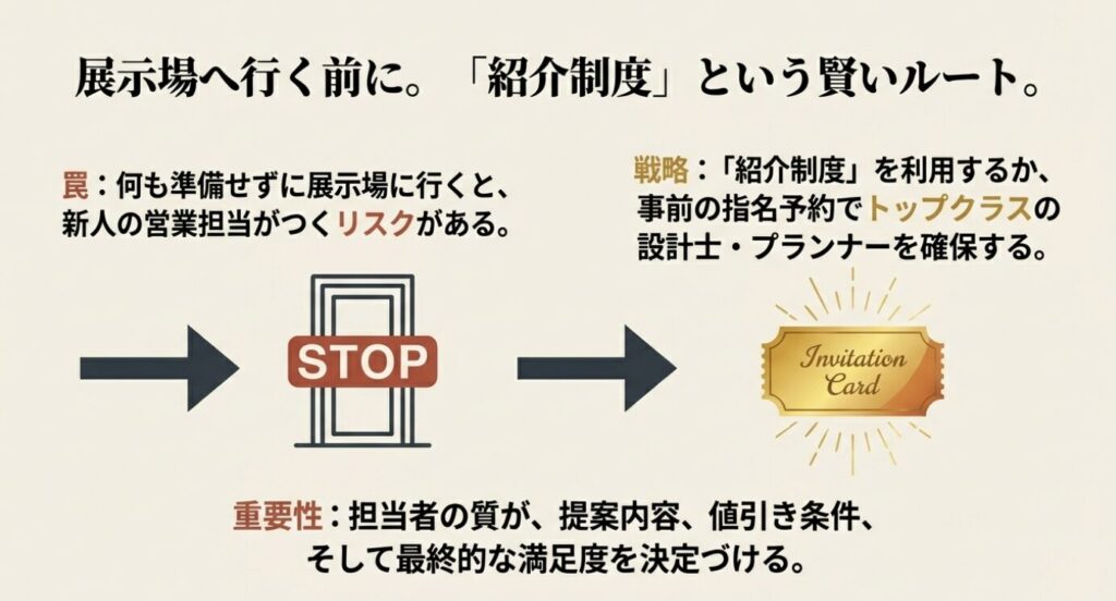 画像タイトル: 展示場へ行く前に知っておくべき「紹介制度」と担当者選び
代替テキスト: 「STOP」の標識と、「Invitation Card」のイラスト。いきなり展示場に行かず、紹介制度などを利用して優秀な担当者を探すべきであると警告するスライド。