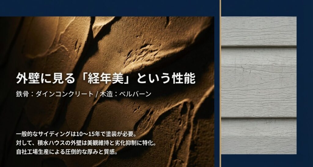 画像タイトル: メンテナンスフリーを目指す積水ハウスの外壁「ダインコンクリート・ベルバーン」
代替テキスト: 重厚感のある積水ハウスの外壁材のアップ写真。「外壁に見る経年美という性能」というタイトルとともに、一般的なサイディングとの違いを解説している。