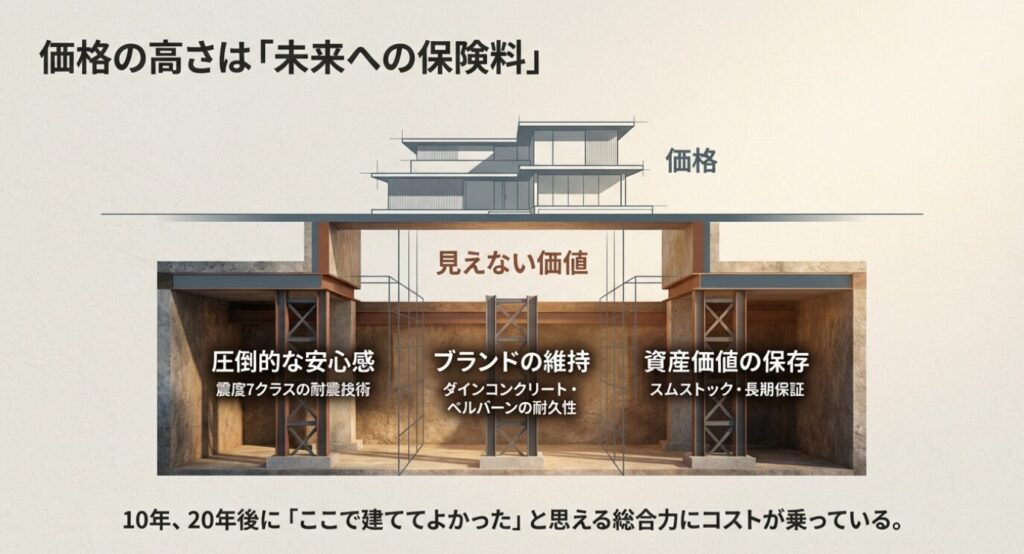 画像タイトル: 積水ハウスの価格が高い理由と「見えない価値」


代替テキスト: 価格の高さは「未来への保険料」。圧倒的な安心感（耐震技術）、ブランドの維持（ダインコンクリート・ベルバーンの耐久性）、資産価値の保存（スムストック・長期保証）という3つの価値が構造図と共に示されている 。