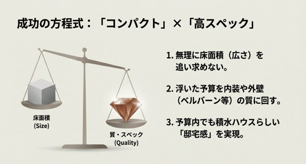 画像タイトル: 積水ハウス成功の方程式「コンパクト」×「高スペック」


代替テキスト: 成功の方程式は「コンパクト（床面積）」×「高スペック（質）」。無理に広さを追い求めず、浮いた予算をベルバーンなどの質に回すことで邸宅感を実現する手法 。