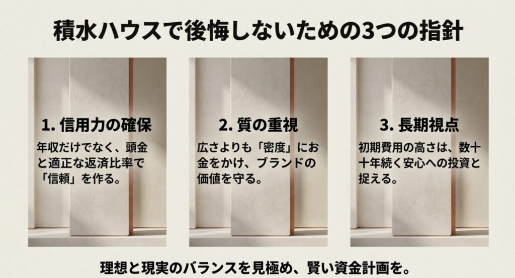 画像タイトル: 積水ハウスで後悔しないための3つの指針


代替テキスト: 後悔しないための3つの指針。1.信用力の確保（適正な返済比率）、2.質の重視（広さより密度）、3.長期視点（未来への投資）がまとめられている 。