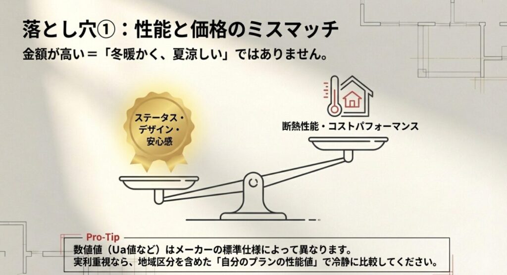 画像タイトル: 落とし穴① 性能と価格のミスマッチ（ステータス vs 断熱性能）


代替テキスト: 「ステータス・デザイン・安心感」と「断熱性能・コストパフォーマンス」を天秤にかけている図。「金額が高い＝冬暖かく夏涼しい」ではないという警告と、メーカー公表値ではなく自分のプランの実数値で比較すべきというPro-Tipが記載されている 。