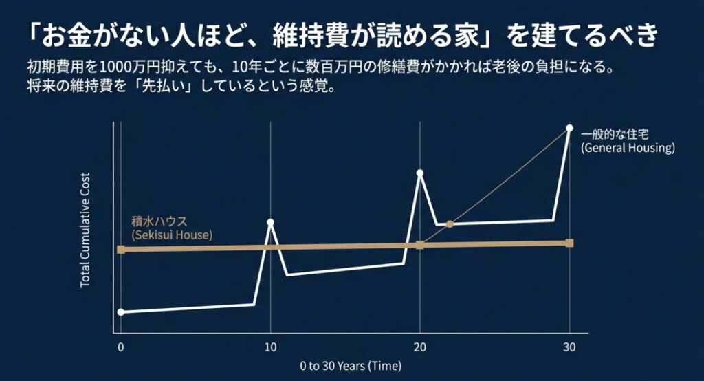 画像タイトル: 積水ハウスと一般住宅の30年間の総費用比較グラフ
代替テキスト: 縦軸を総費用、横軸を築年数とした折れ線グラフ。初期費用は高いがメンテナンス費が抑えられる積水ハウスと、10年ごとの修繕費で総額が高くなる一般的な住宅を比較している。