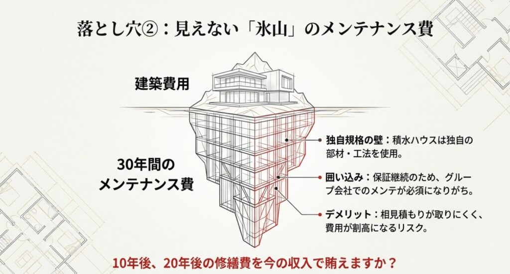 画像タイトル: 落とし穴② 見えない「氷山」のメンテナンス費


代替テキスト: 建築費用（水面上）の下に、巨大な30年間のメンテナンス費（水面下）が隠れている氷山の図。独自規格の部材や囲い込みによって、相見積もりが取りにくく費用が割高になるリスクが示されている 。