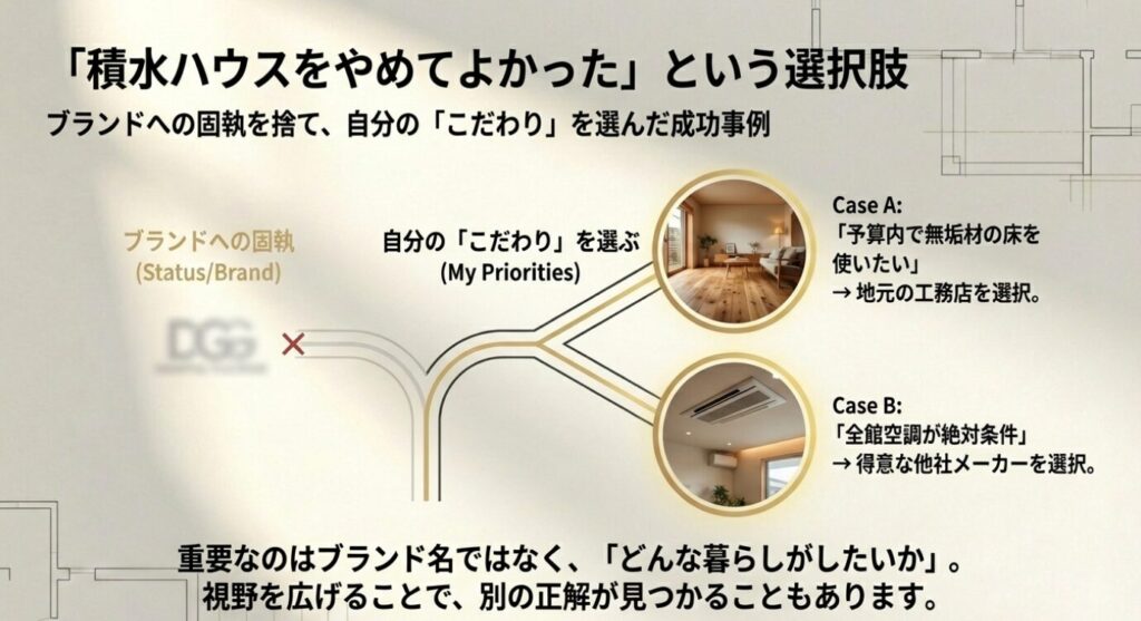 画像タイトル: 「積水ハウスをやめてよかった」という選択肢（こだわり重視の成功例）


代替テキスト: ブランドへの固執（Status）から自分のこだわり（My Priorities）へシフトした成功事例。予算内で無垢材を使うために工務店を選んだケースや、全館空調のために他社を選んだケースが紹介されている 。