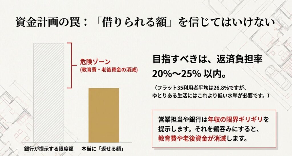 画像タイトル: 資金計画の罠 「借りられる額」と「返せる額」の違い


代替テキスト: 銀行が提示する限度額（危険ゾーン）と、本当に返せる額の差を示す棒グラフ。返済負担率を20%〜25%以内に抑えないと、教育費や老後資金が消滅するリスクがあることが視覚化されている 。