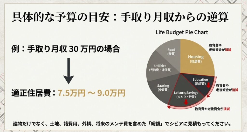 画像タイトル: 手取り月収から逆算する「生活防衛」予算円グラフ


代替テキスト: 手取り月収30万円の場合の予算配分円グラフ。住居費が適正範囲（7.5〜9.0万円）を超えて拡大すると、教育費（Education）やゆとり・貯蓄（Leisure/Savings）のエリアが侵食され、資金が消滅していく様子が描かれている