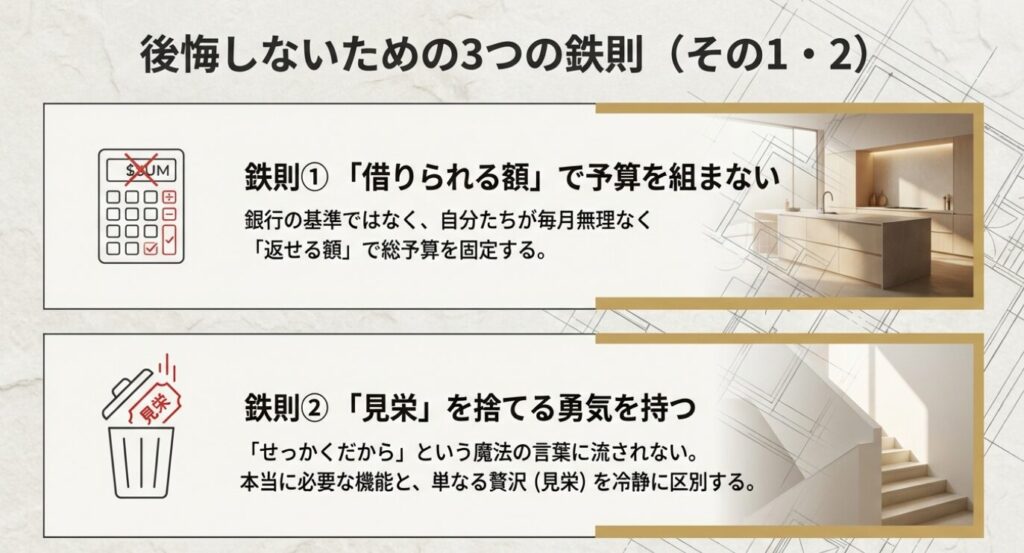 画像タイトル: 後悔しないための鉄則①② 予算設定と見栄の排除


代替テキスト: 鉄則1「借りられる額で予算を組まない」、鉄則2「見栄を捨てる勇気を持つ」のまとめスライド。「せっかくだから」という言葉に流されず、必要な機能と贅沢を区別する重要性が説かれている 。