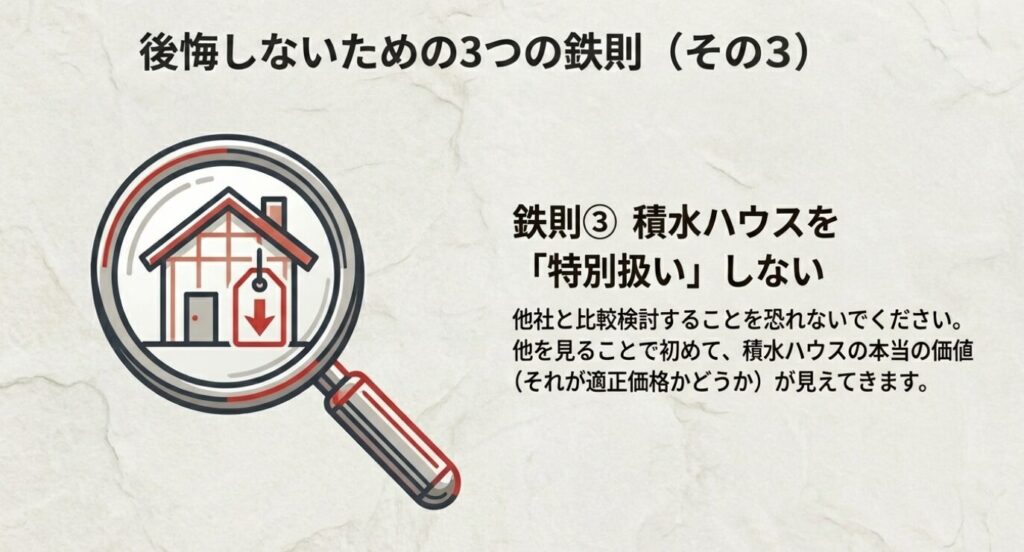 画像タイトル: 後悔しないための鉄則③ 積水ハウスを特別扱いしない


代替テキスト: 鉄則3「積水ハウスを特別扱いしない」。他社と比較検討することを恐れず、他を見ることで初めて本当の価値が見えてくるというメッセージ 。