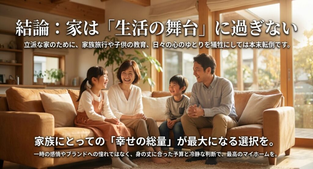 画像タイトル: 結論 家は「生活の舞台」に過ぎない


代替テキスト: 家づくりの結論として、立派な家のために家族旅行や教育、心のゆとりを犠牲にしてはならないというメッセージ。「幸せの総量」が最大になる選択を促している 。