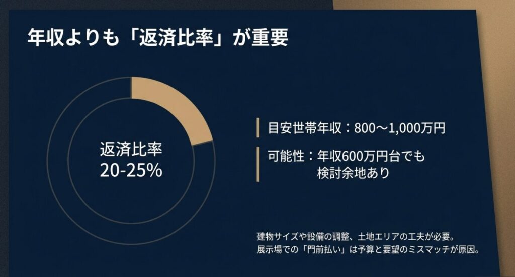 画像タイトル: 無理のない住宅ローン返済比率と年収の目安
代替テキスト: 「年収よりも返済比率が重要」という見出しのスライド。返済比率の目安は20〜25%であり、年収600万円台でも検討余地があることを解説している。